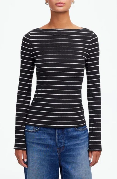 Madewell Stripe Boatneck Long Sleeve Rib Top In Black
