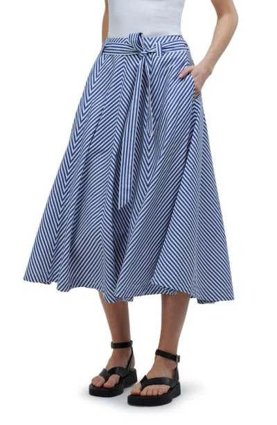 Madewell Stripe Flare Poplin Midi Skirt In Pure Blue