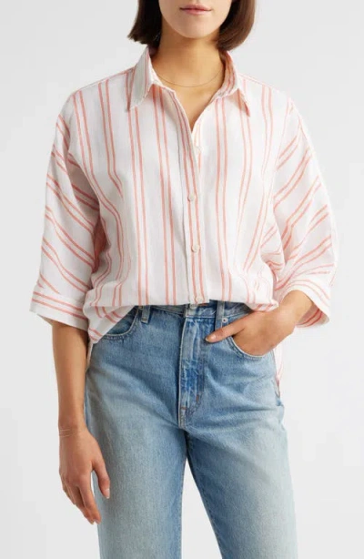 Madewell Stripe Pleat Sleeve Oversize Linen & Cotton Button-up Shirt In Bright Flame