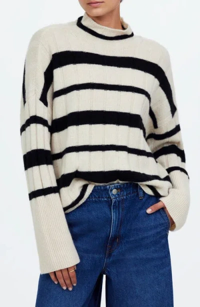 Madewell Stripe Rib Cashmere & Wool Blend Funnel Neck Sweater In Black/white Stripe