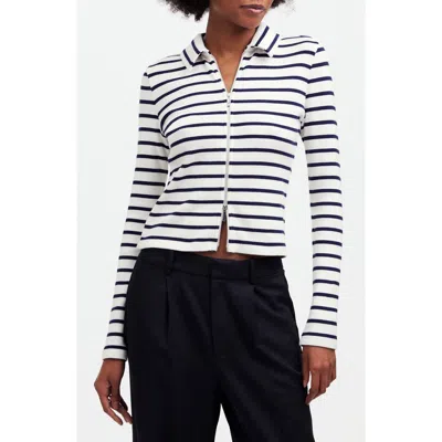Madewell Stripe Rib Zip Front Top In Winter White