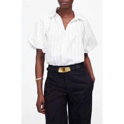 Madewell Stripe Shirred Bubble Sleeve Button-up Shirt In White