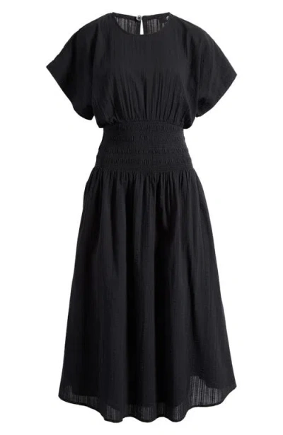 Madewell Stripe Smocked Waist Seersucker Dress In True Black