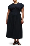 Madewell Stripe Smocked Waist Seersucker Midi Dress In True Black