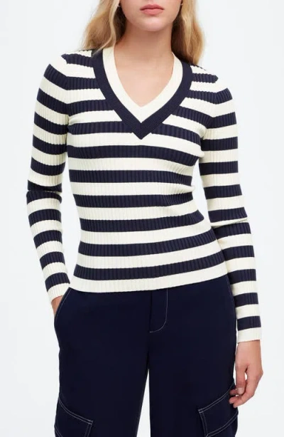 Madewell Stripe V-neck Sweater In Navy Stripe