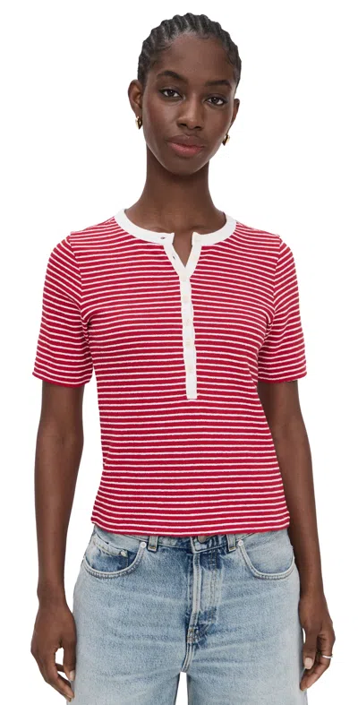 Madewell Striped Elbow-sleeve Henley Tee Cherry Red Stripe In Multi