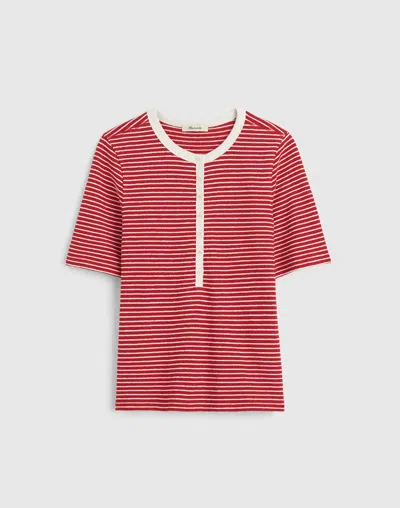 Madewell Striped Elbow-sleeve Henley Tee In Red