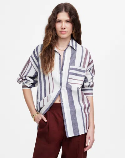 Madewell Striped Y-neck Button-up Shirt In White