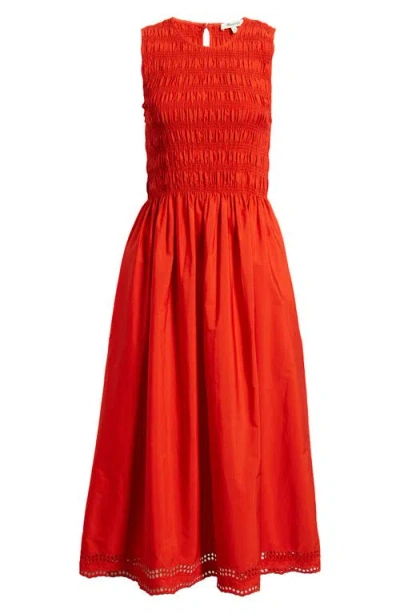 Madewell The Embroidered Melody Smocked Midi Dress Wild Poppy In Red
