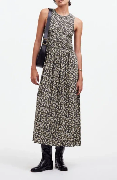 Madewell The Melody Floral Smocked Midi Dress In Dark Pavement
