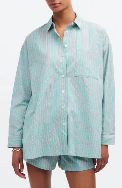 Madewell The Stripe Signature Poplin Oversize Shirt In Dusty Verdigris