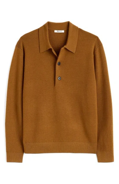 Madewell Three-button Merino Wool Polo Sweater In Rich Camel