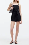 Madewell Tie Waist Linen Blend Romper In True Black