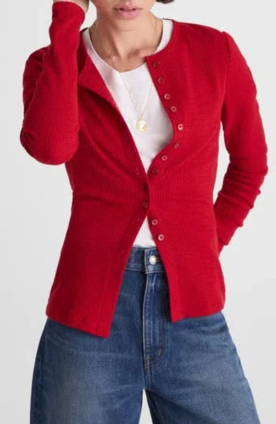 Madewell Waffle Knit Cutaway Crewneck Cardigan In Crimson
