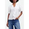 Madewell Windowpane Plaid Ruffle Puff Sleeve Top In White