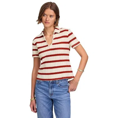 Madewell Women's  Bali Polo Shirt Red Striped Crochet Short Sleeve Gbo1269 In Multi