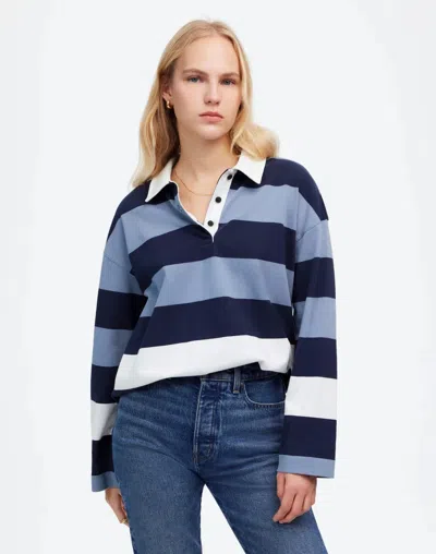 Madewell Women's  Hannah Rugby Polo Shirt Blue Striped Cotton Relaxed Fit Gbo594