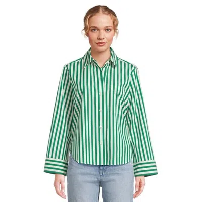 Madewell Women's  Poplin Easy Shirt Green Striped Y-neck Button-up Red1193