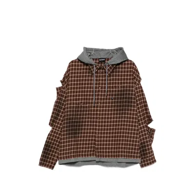 Madfrenzy Check-pattern Hooded Shirt In Brown