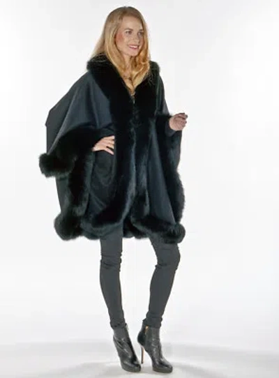 Pre-owned Madison Avenue Malls Womens Fine Cashmere Cape Black Fox Trimmed Real Fur - Majestic