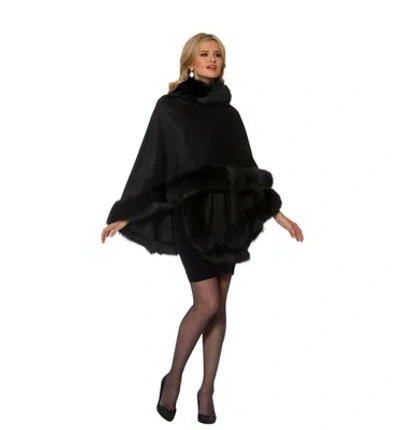 Pre-owned Madison Avenue Malls Womens Real Fox Fur Trimmed Cashmere Cape Black - Your Lady