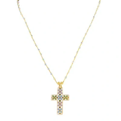 Madison Beverly Hills 1890's White Enamel Small Cross Necklace In Gold