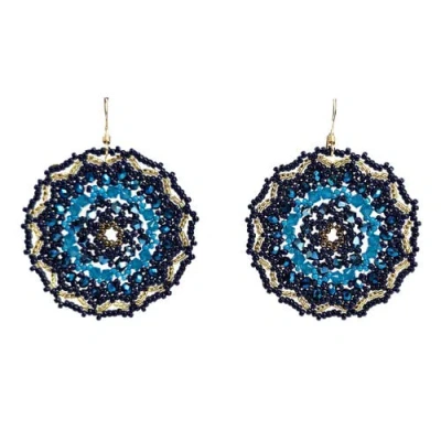 Madison Beverly Hills Dreamer Blue And Navy Hand-beaded Mandala Drop Earrings In Gold