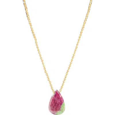 Madison Beverly Hills Ruby Zoisite And Green Stone Teardrop Necklace In Pink