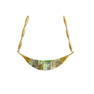 Pre-owned Madison Beverly Hills Vintage 1970s Reversible Abalone Shell And Wood Inlay Crescent Necklace In Green
