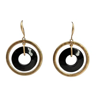 Pre-owned Madison Beverly Hills Vintage 80s Gold Hoop Black Inner Ring Earrings
