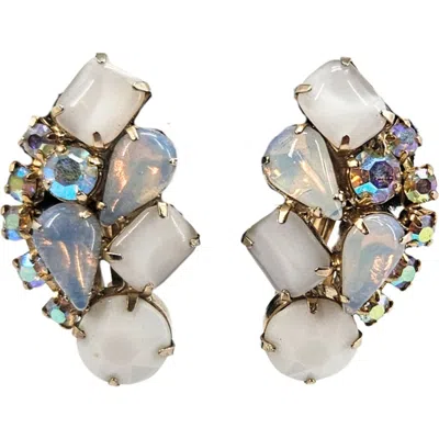 Madison Beverly Hills Vintage Clip Milk Glass,aurora Borealis Irridescent Rhinestone Earrings In Metallic