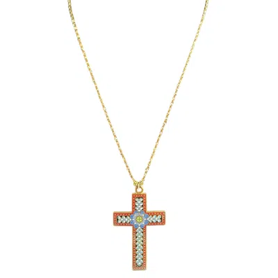 Pre-owned Madison Beverly Hills Vintage Ivory Enamel Cross Pendant Necklace In Multi
