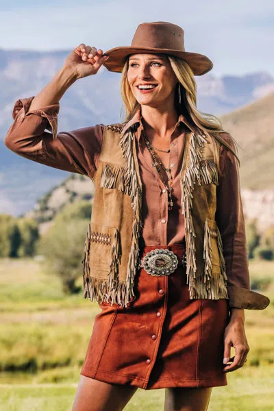 Madison Creek Outfitters Fringe Vest In Beige In Animal Print