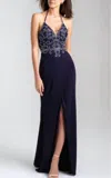 Madison James Beaded Halter Gown In Navy