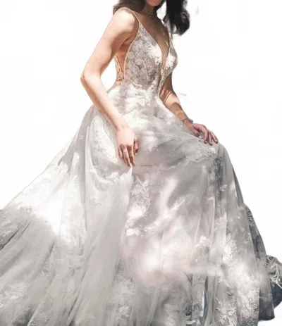 Madison James Deep Plunging A-line Wedding Gown In Nude/ivory/champagne In Silver