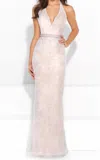 Madison James Halter Pearl Beaded Gown In Ivory/champagne In Multi