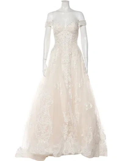 Pre-owned Madison James Lace Pattern Long Dress In Neutral