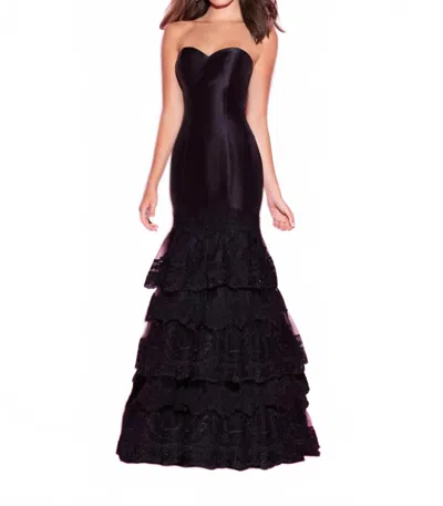 Madison James Strapless Lace Ruffle Bottom Dress In Black