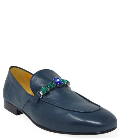 Madison Maison Blue Leather Flat Jeweled Loafer In White