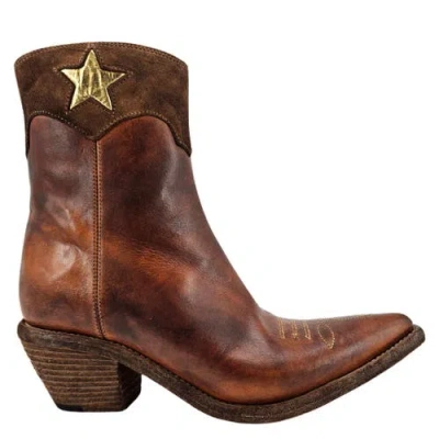 Madison Maison Cowboy Pointy Toe Star Ankle Boots In Brown