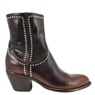 Madison Maison Leather Studded Western Ankle Boot In Brown