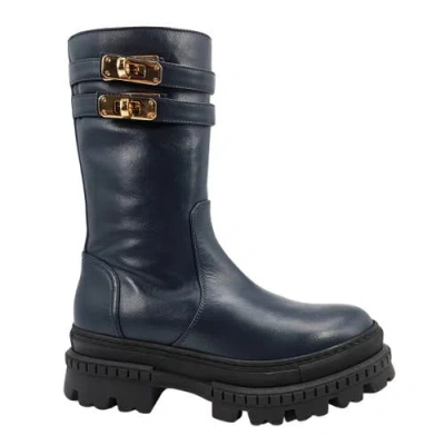 Madison Maison Shearling Lined Buckle Strap Platform Boots In Navy