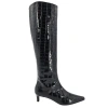 Madison Maison Tall Moc Croc Pointy Toe Kitten Heel Boot In Black