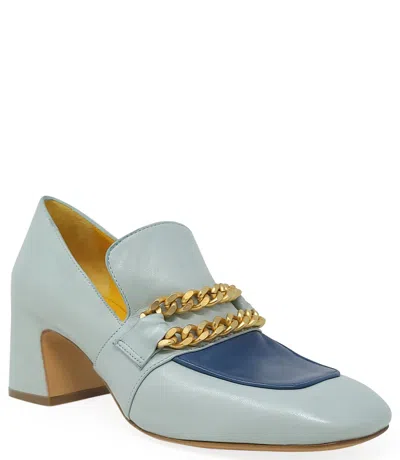 Madison Maison Turq/blue Leather Mid Heel Loafer With Chain In 40