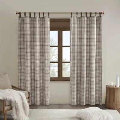 Madison Park Anaheim Plaid Faux Leather Tab Top Single Curtain Panel With Fleece Lining In Brown