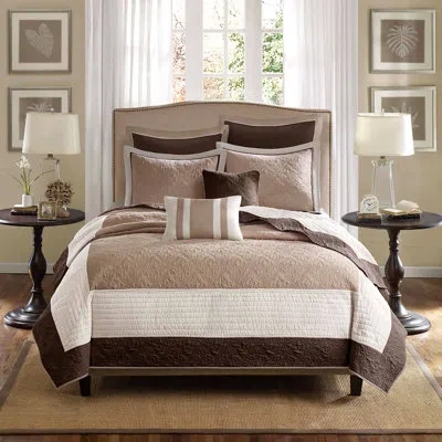 Madison Park Attingham 7 Piece Quilt Set With Euro Shams And Throw Pillows In Beige