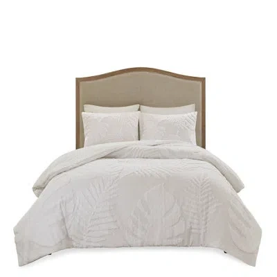Madison Park Bahari 3 Piece Tufted Cotton Chenille Palm Comforter Set In White