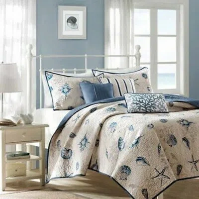Madison Park Beige/blue Microfiber 6 Piece Coverlet Set