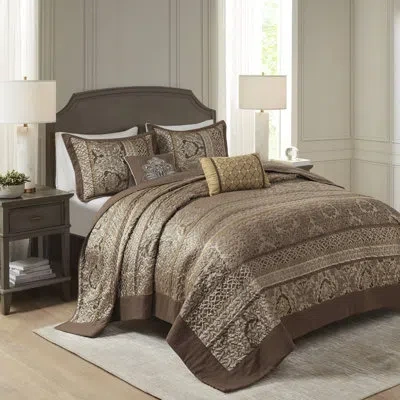 Madison Park Bellagio 5 Piece Reversible Jacquared Coverlet Set In Brown