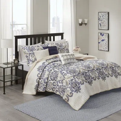 Madison Park Cali Microfiber Modern & Contemporary 6 Piece Quilt Set In Navy,tan